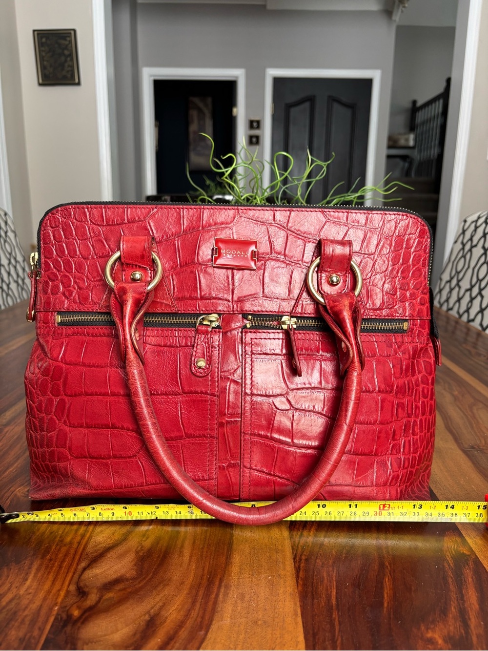 Modalu England Red Croc-Embossed Satchel Bag